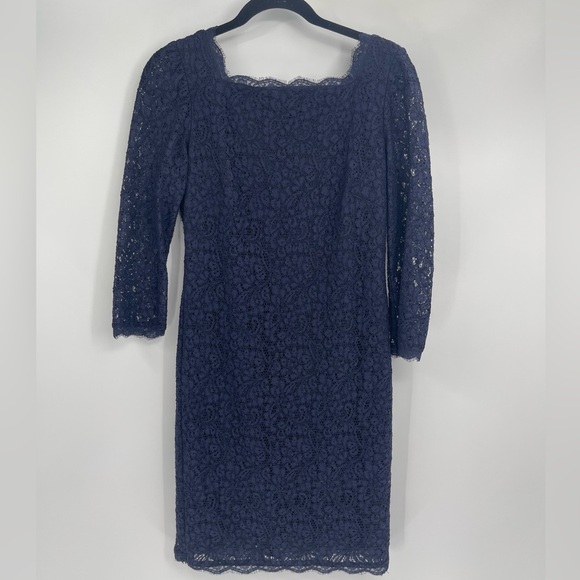 ADRIANNA PAPELL Navy Blue Lace Lined Sheath Dress 3/4 Sleeve Size 8 - Picture 1 of 11